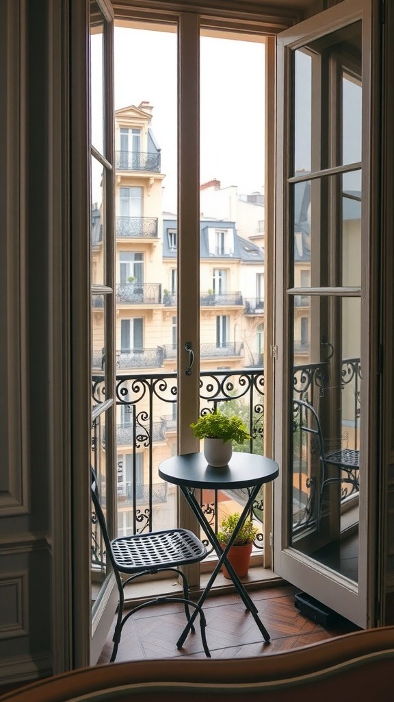 A view from a Parisian balcony featuring wrought iron railings and a small table with plants.