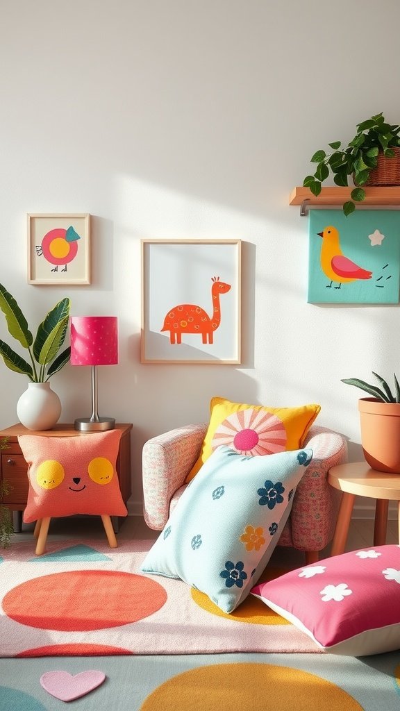 A colorful living space with playful pillows, vibrant artwork, and greenery.
