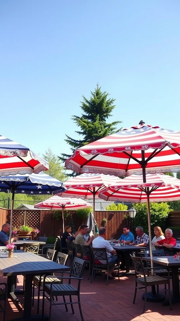Colorful America-themed umbrellas in a patio setting
