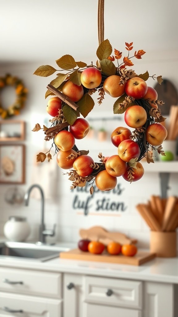 A decorative autumn wreath featuring apples, cinnamon sticks, and leaves, hanging in a kitchen.