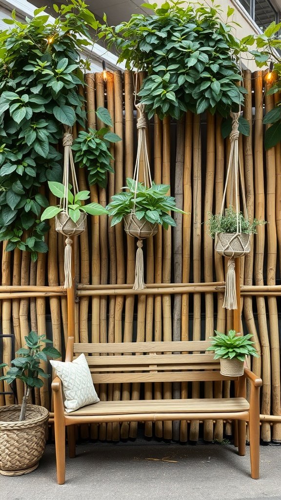 Bamboo fence with hanging plants and a wooden bench