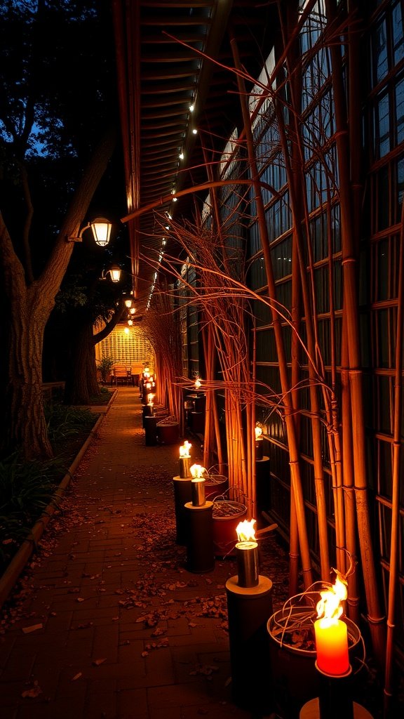 Pathway with bamboo torches lighting up an outdoor area