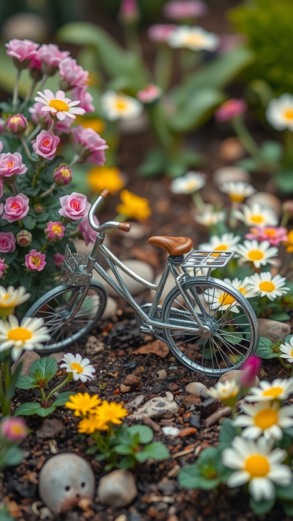 A small bicycle surrounded by colorful flowers in a fairy garden.