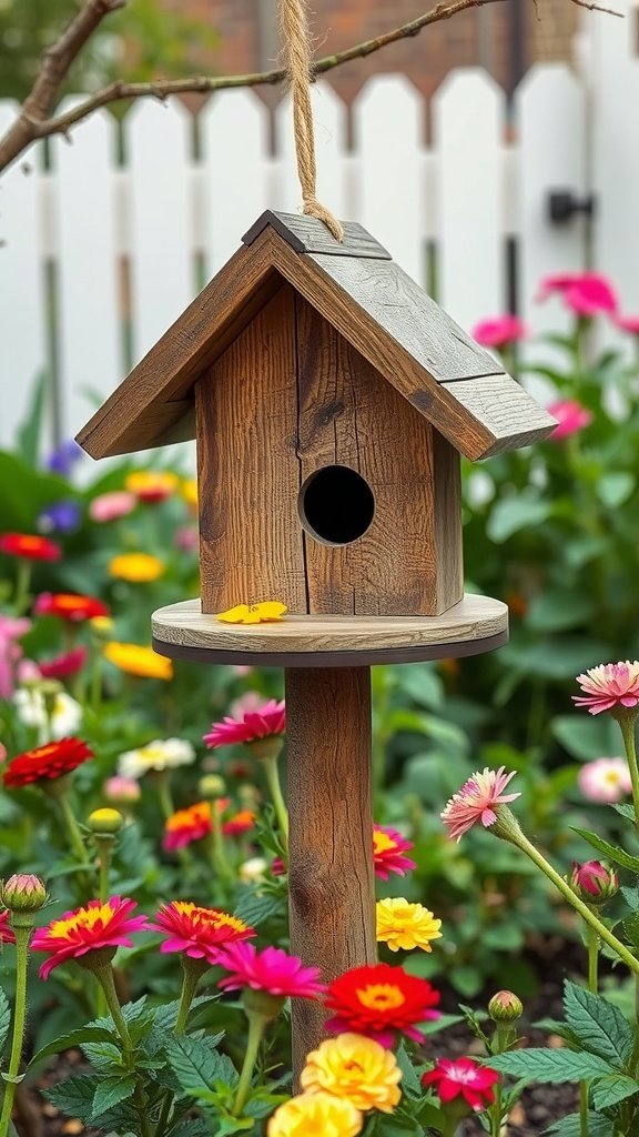 A charming birdhouse made from reclaimed wood surrounded by colorful flowers.