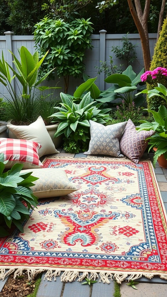A bohemian outdoor rug surrounded by lush green plants and colorful cushions.