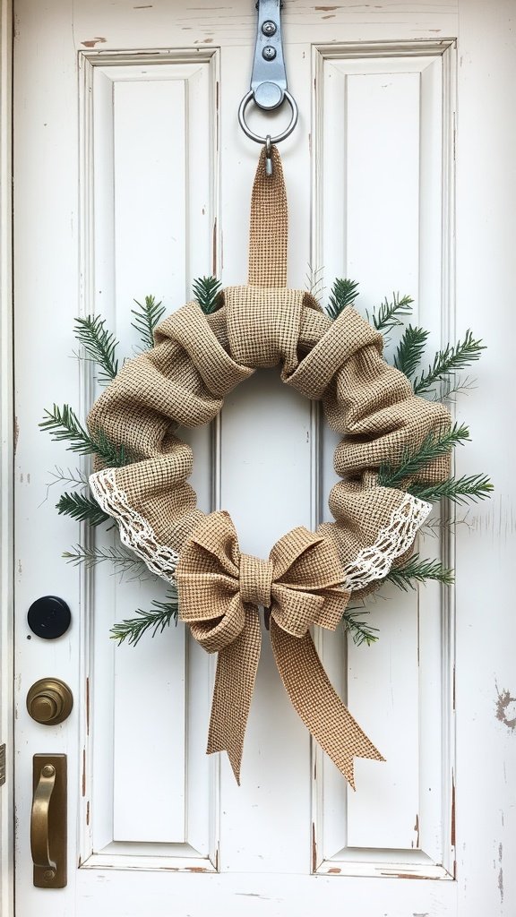 A burlap and lace wreath hanging on a door, featuring a bow and green foliage.