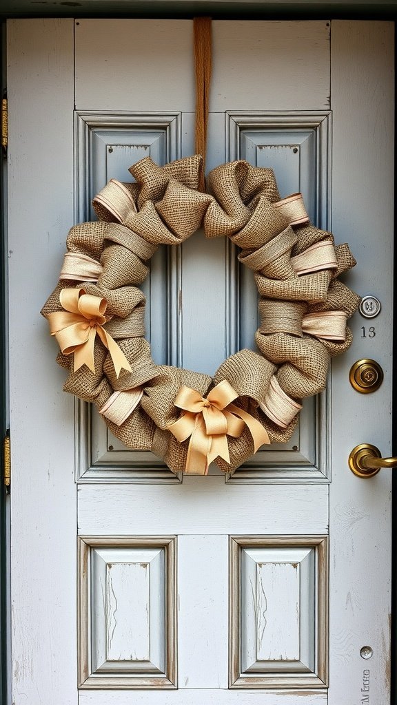 A burlap and ribbon wreath hanging on a door.