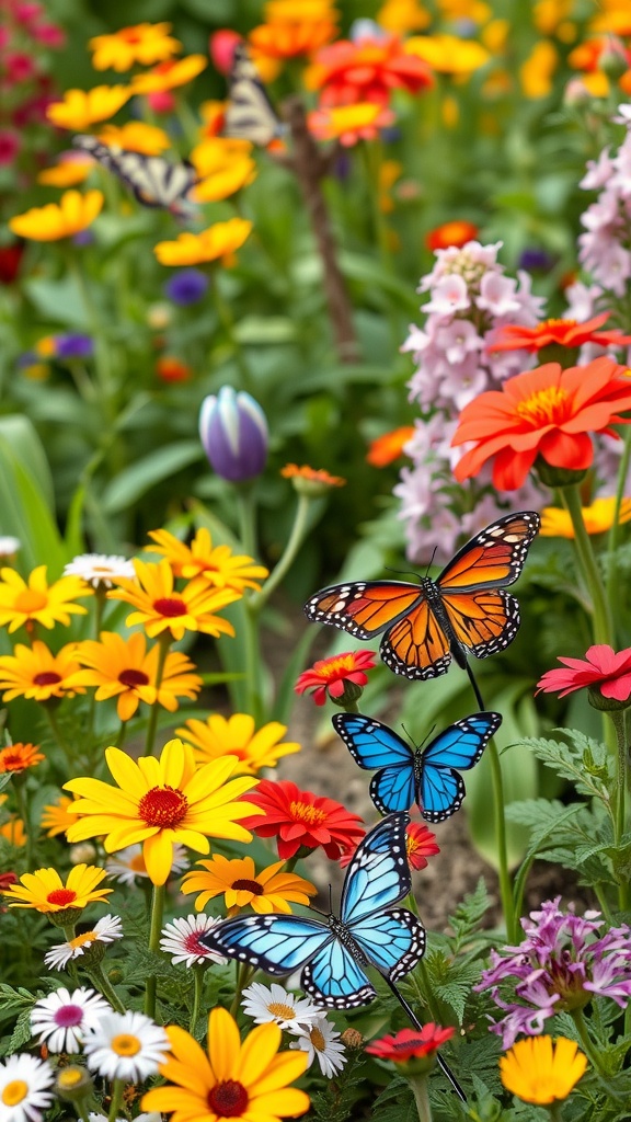 A vibrant garden filled with colorful flowers and butterflies.