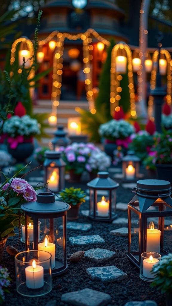 A collection of candle lanterns surrounded by flowers and stones in a fairy garden.