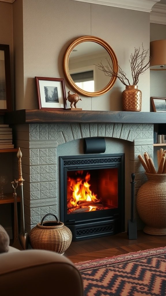 A chic fireplace with decorative accessories, including a mirror and decorative baskets.