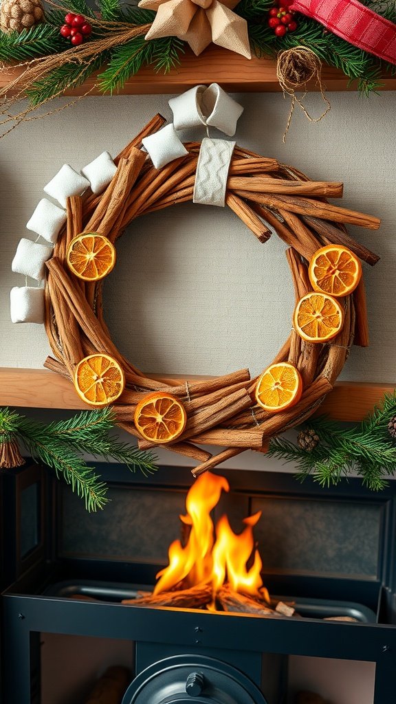 A decorative cinnamon stick wreath adorned with orange slices and fabric accents.