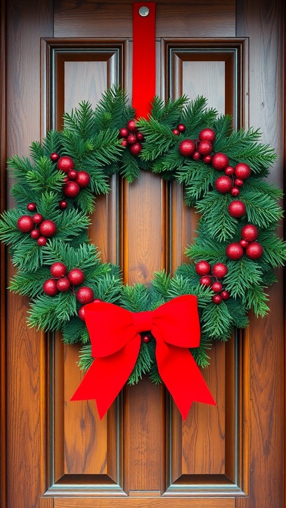 Classic red and green Christmas wreath on a wooden door.