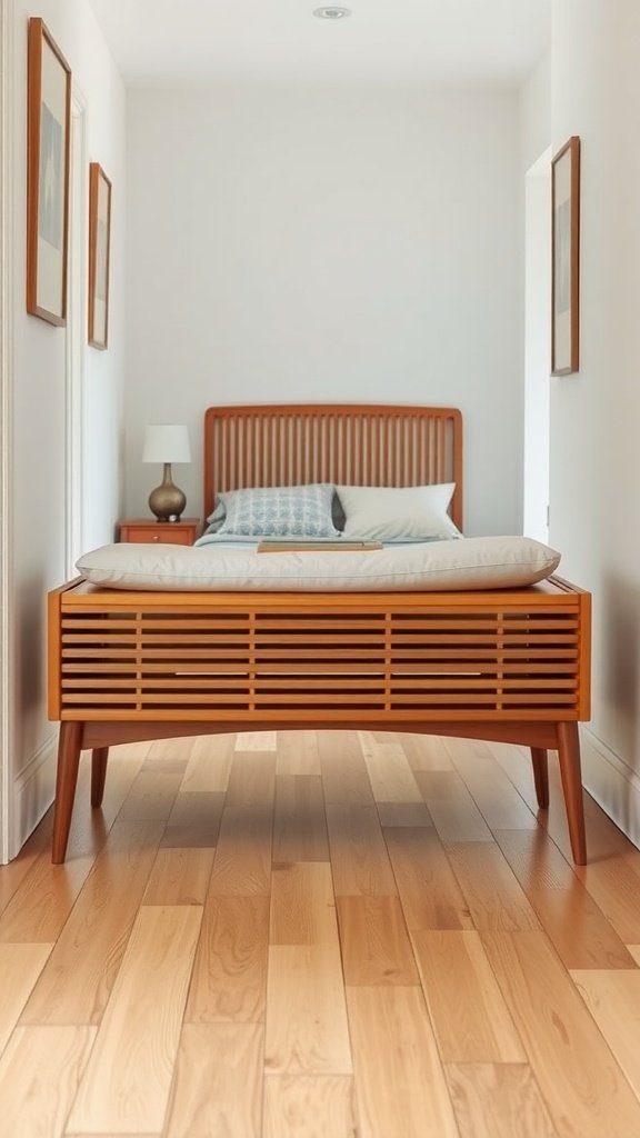 A classic slatted wood bench in a modern interior setting.