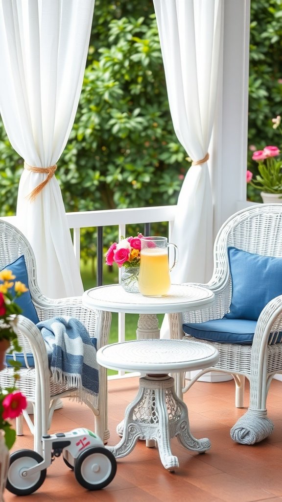 A cozy outdoor patio setup featuring white wicker chairs, a small table with a pitcher of lemonade, and colorful flowers.
