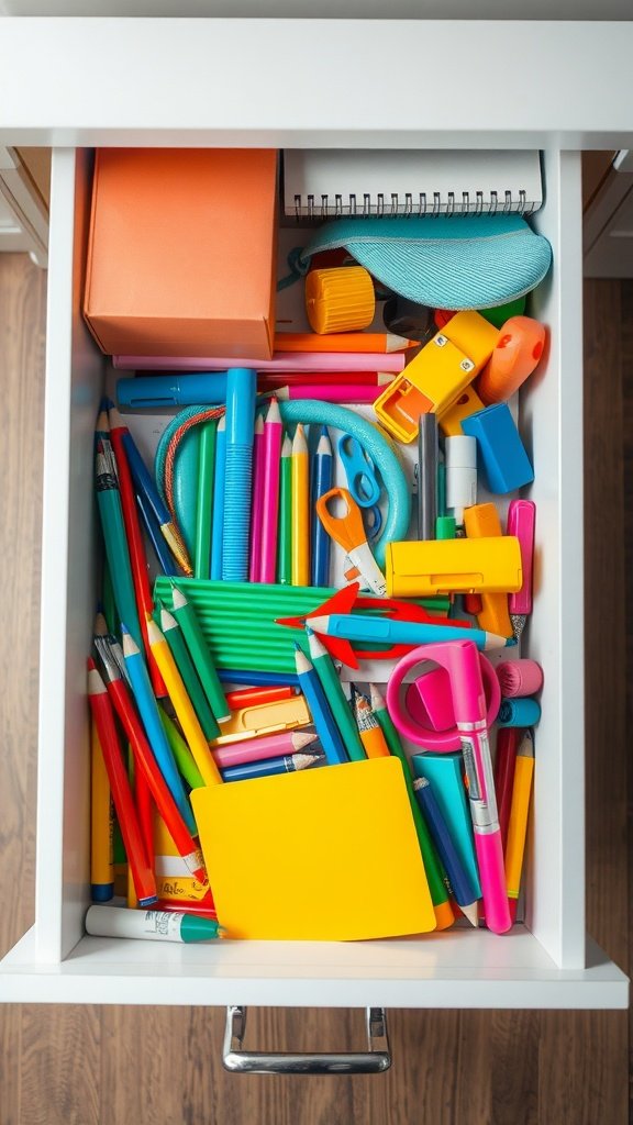 A colorful and organized drawer filled with stationery and supplies.