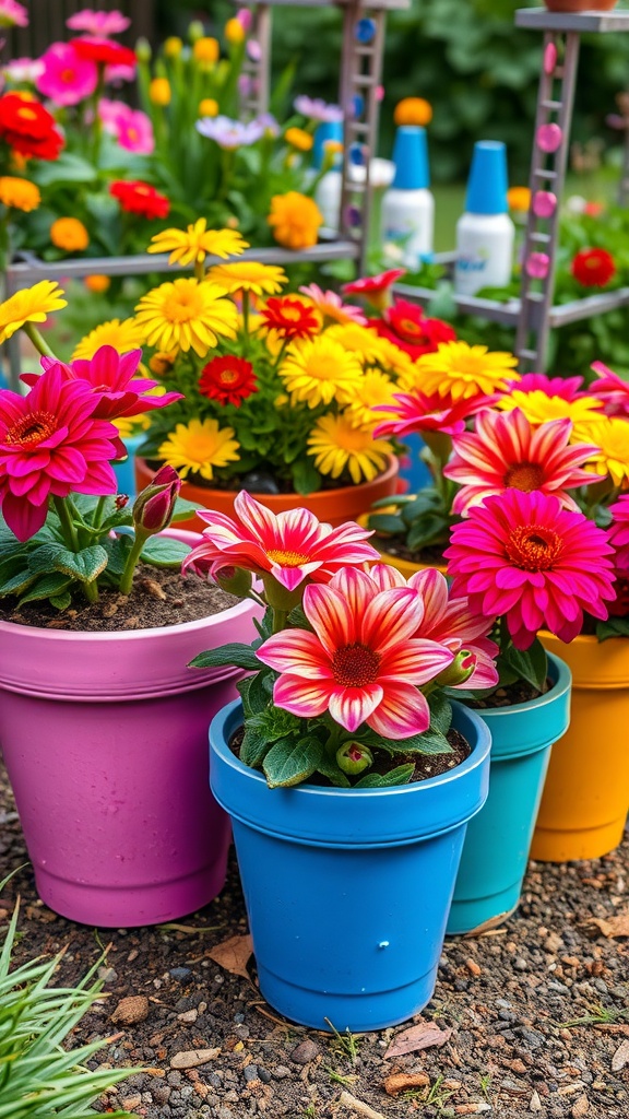 Colorful flower pots with bright flowers in a garden setting