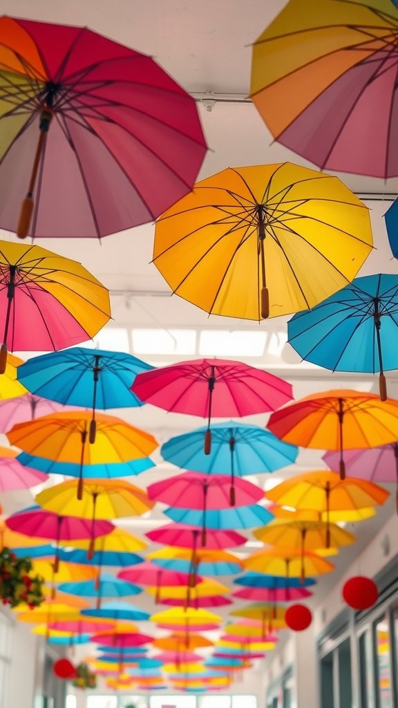 Colorful umbrellas hanging from the ceiling in various shades.
