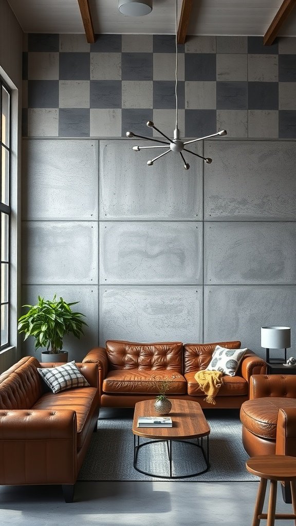 Living room featuring a concrete finish wall with contemporary furniture.
