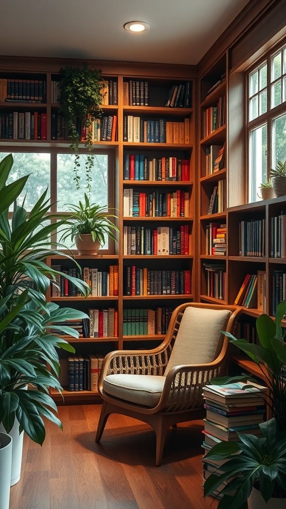 A cozy reading nook with a comfortable chair, bookshelves filled with books, and indoor plants.