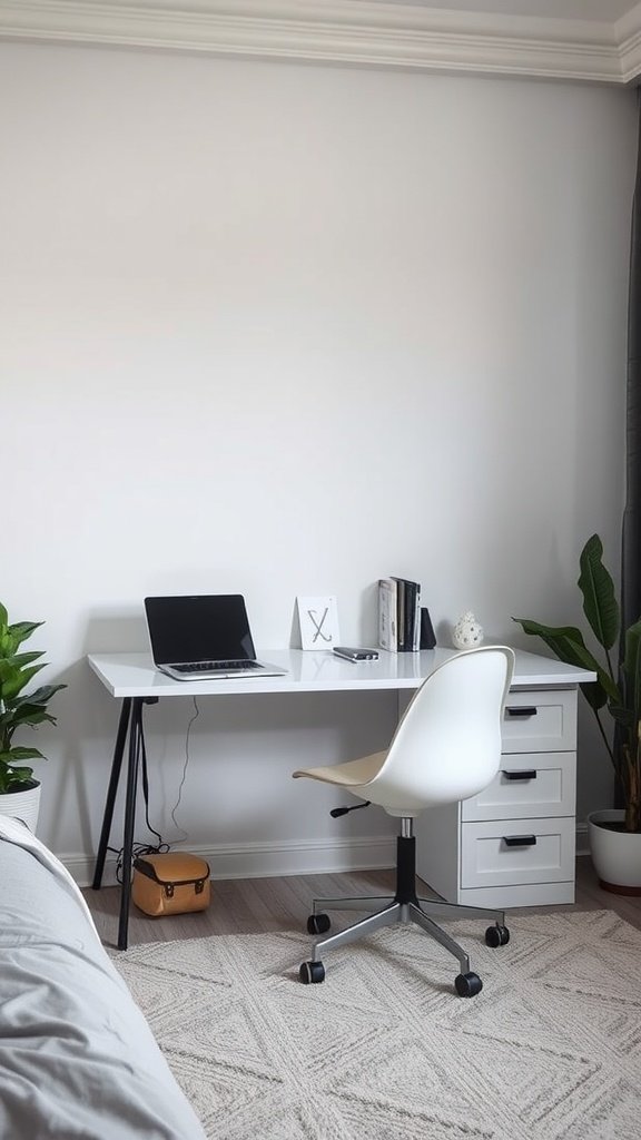 A minimalist desk setup with a laptop, chair, and indoor plants.