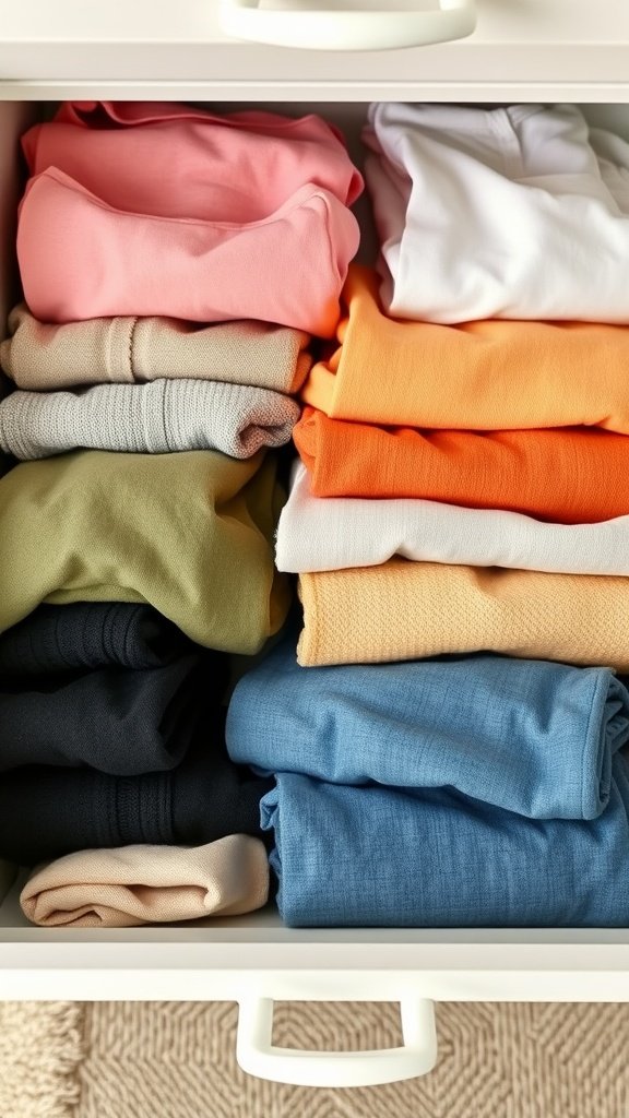 Neatly folded colorful clothes in a drawer