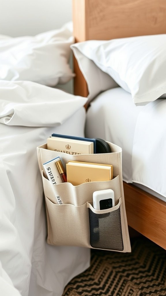 A bedside pocket organizer with books, a phone, and a notebook hanging from the side of a bed.