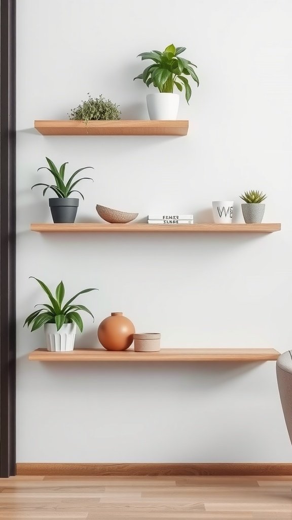 A set of stylish wooden floating shelves with plants and decorative items.
