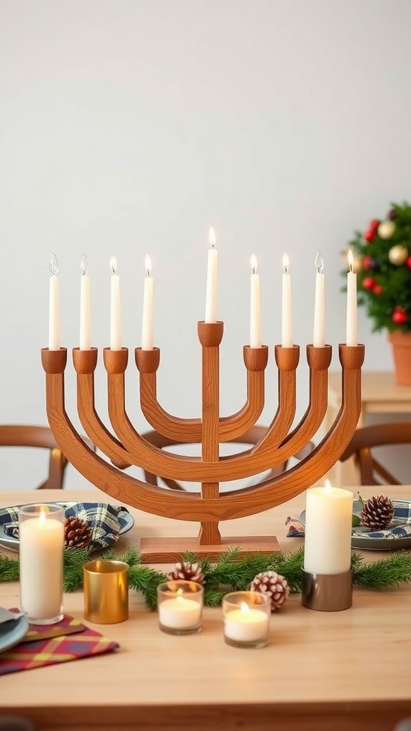 A wooden menorah with candles on a table decorated for Hanukkah.