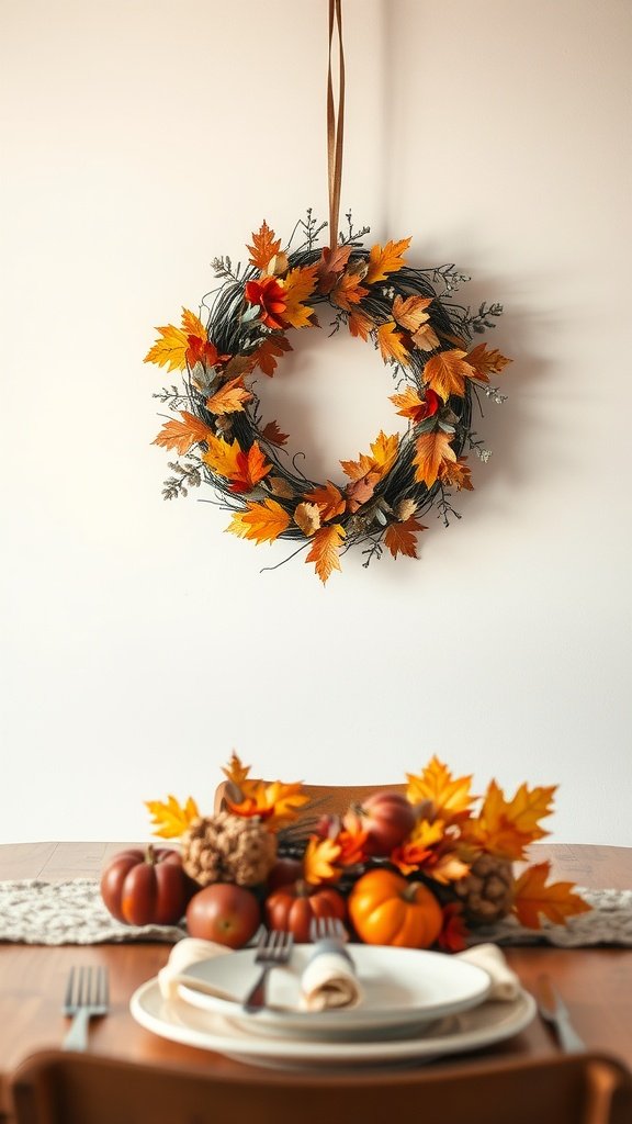 A beautiful Thanksgiving wreath made of autumn leaves and branches, hanging on a wall.