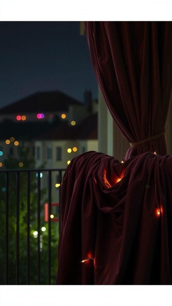 Draped maroon fabric with fairy lights in a festive setting.