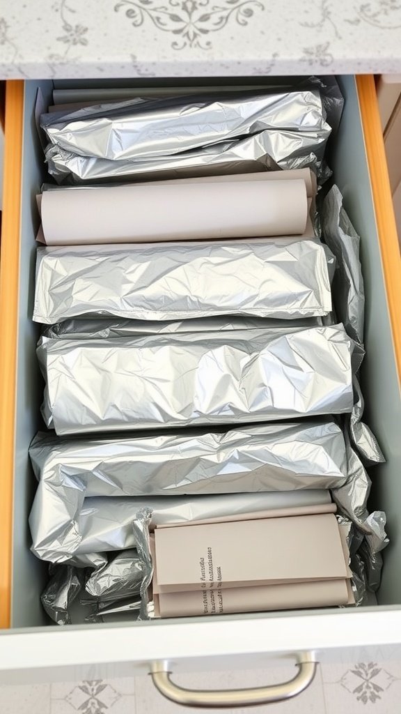 Drawer organized with rolls of aluminum foil and parchment paper