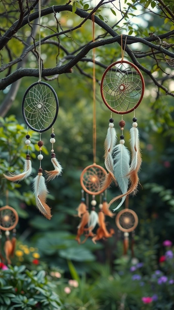 Colorful dreamcatchers hanging from a tree branch in a garden