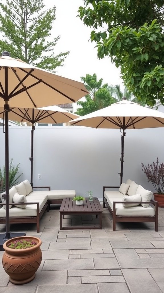 A patio with two large umbrellas providing shade over stylish seating and a table.