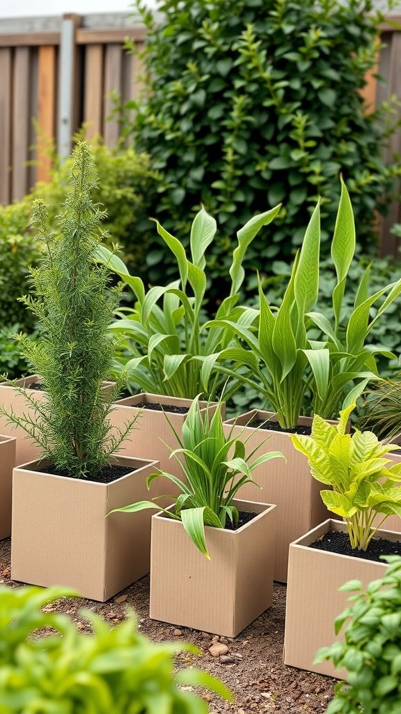 Eco-friendly cardboard planters in a garden with various green plants.