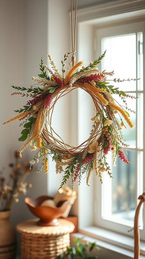 A beautiful dried flower wreath hanging in a bright room