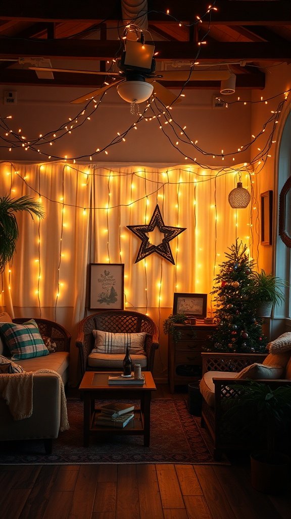 A cozy living space decorated with warm fairy lights, creating a festive atmosphere