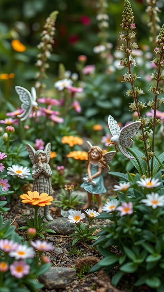 Two fairy statues among colorful flowers in a fairy garden.