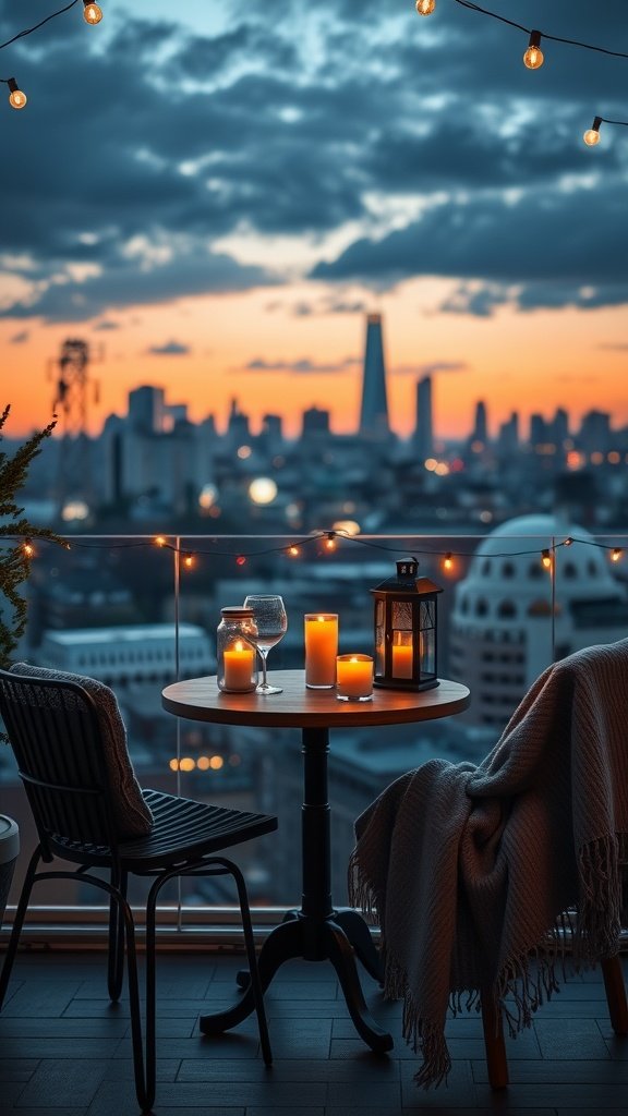 A cozy rooftop dinner setup with candles, a small table, and a blanket, overlooking a city skyline at sunset.