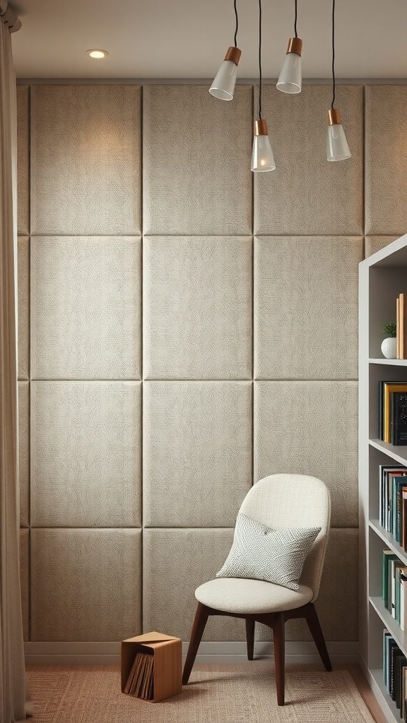 A cozy setting with a fabric-covered wall, a stylish chair, and a book shelf.
