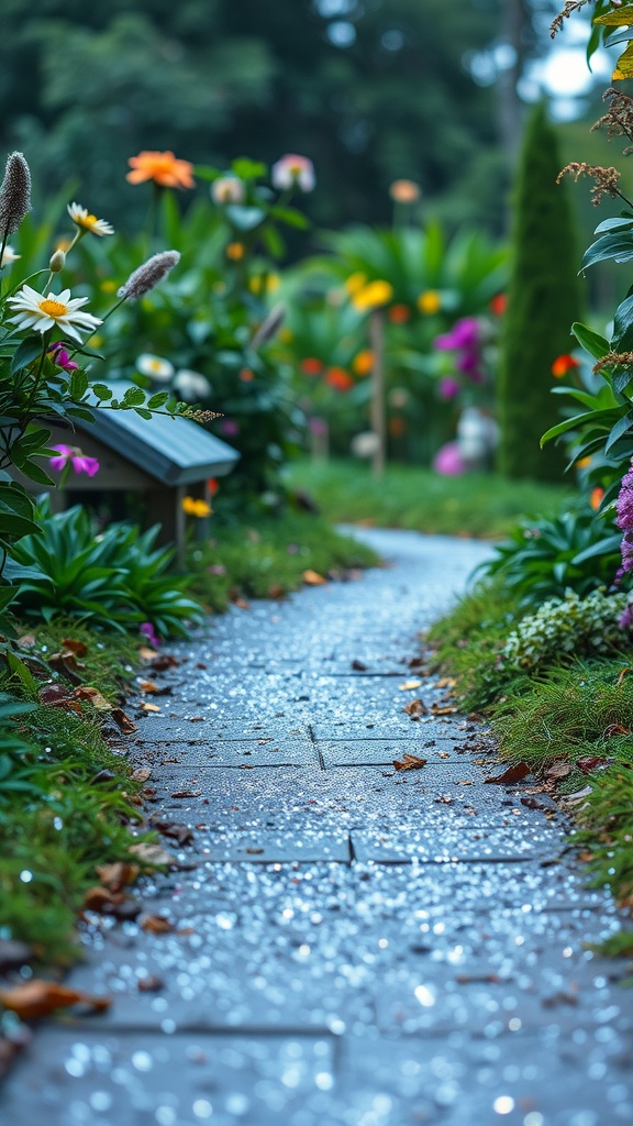 A stone path in a garden surrounded by colorful flowers, glimmering with a sprinkle of fairy dust.