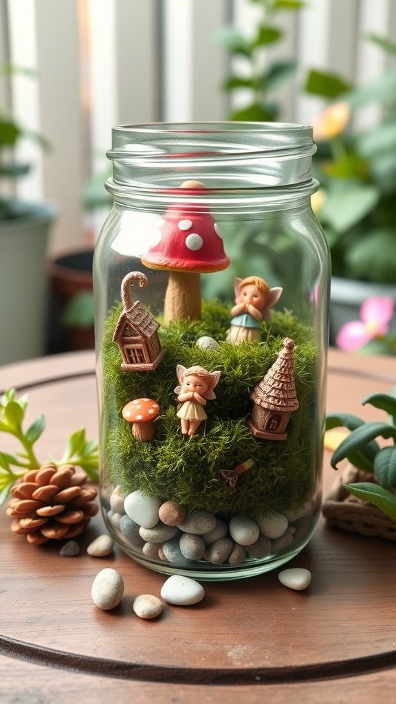 A mason jar containing a fairy garden scene with figurines, moss, and pebbles.