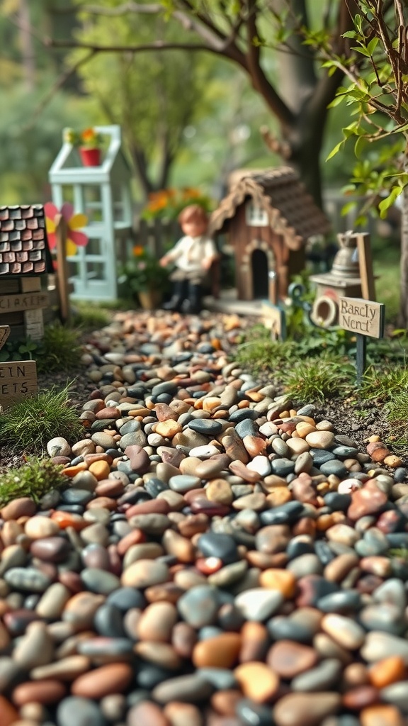 A pebble pathway in a fairy garden with miniature houses and a figure.