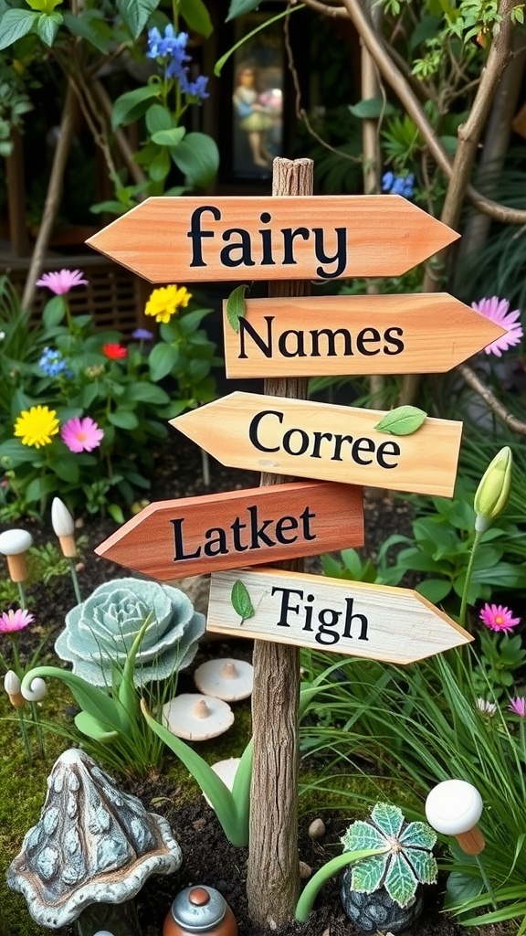 Wooden directional signs with names related to fairies in a garden setting