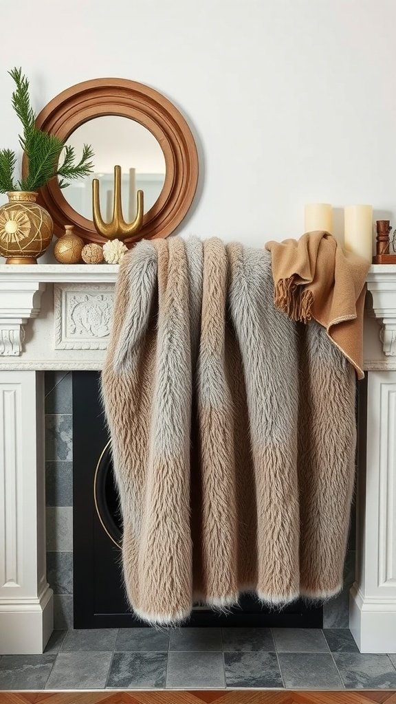 A stylish winter mantel featuring faux fur accents, including a soft throw blanket.