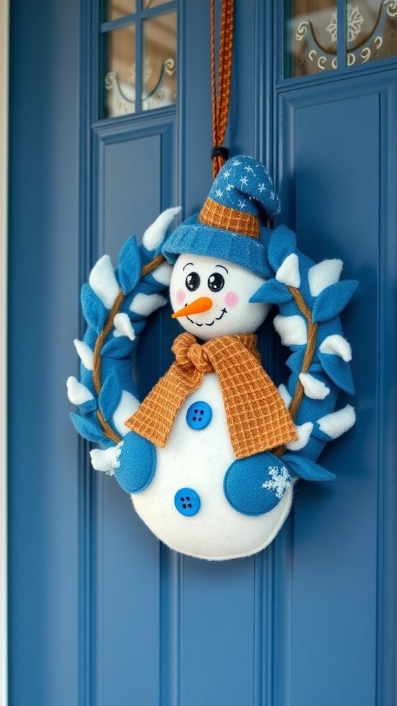 A cheerful felt snowman wreath hanging on a blue door, featuring bright colors and playful details.