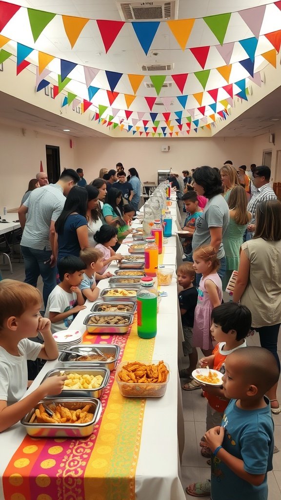 A vibrant outdoor buffet table with colorful decorations and people enjoying food.