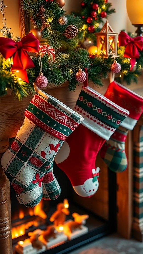 A festive mantel with colorful stockings hanging, decorated with lights and ornaments.