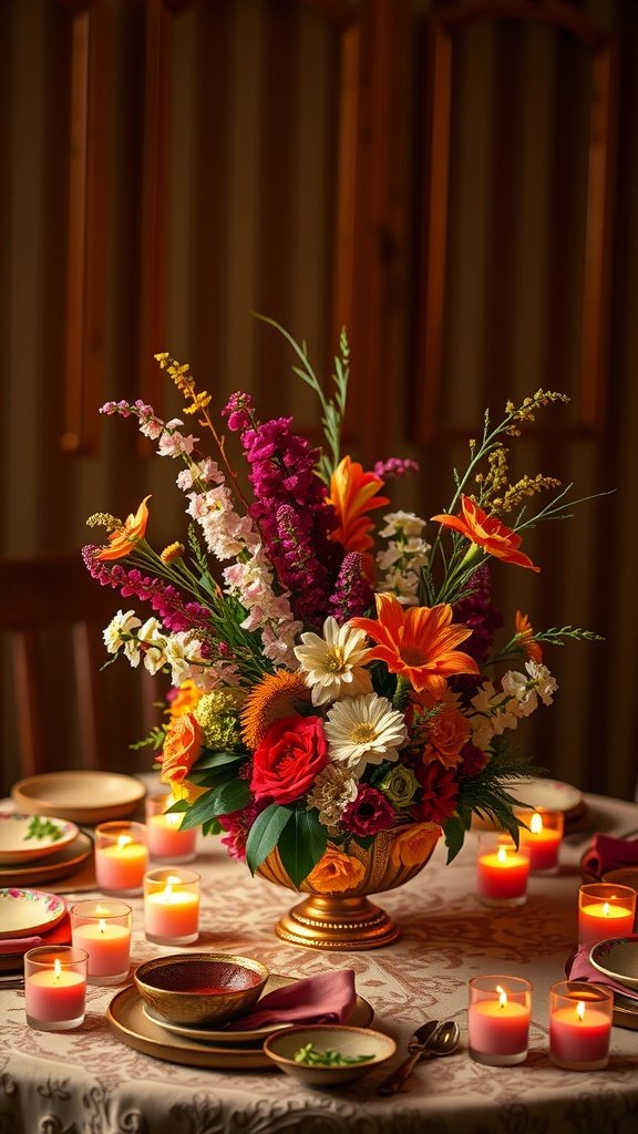 A beautiful floral arrangement with vibrant colors, surrounded by candles on a festive table setting.