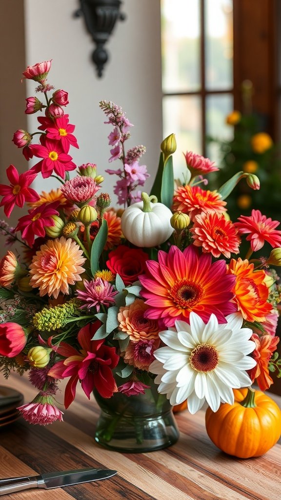 A vibrant floral arrangement with autumn blooms, featuring pink, orange, and white flowers, along with small pumpkins.