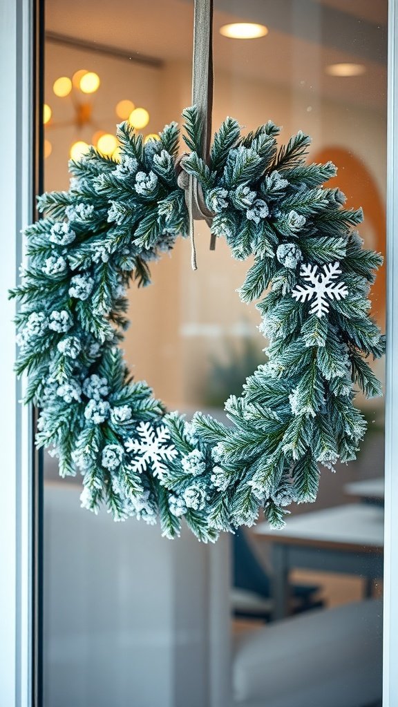 Frosted pine wreath with snowflakes hanging on a door
